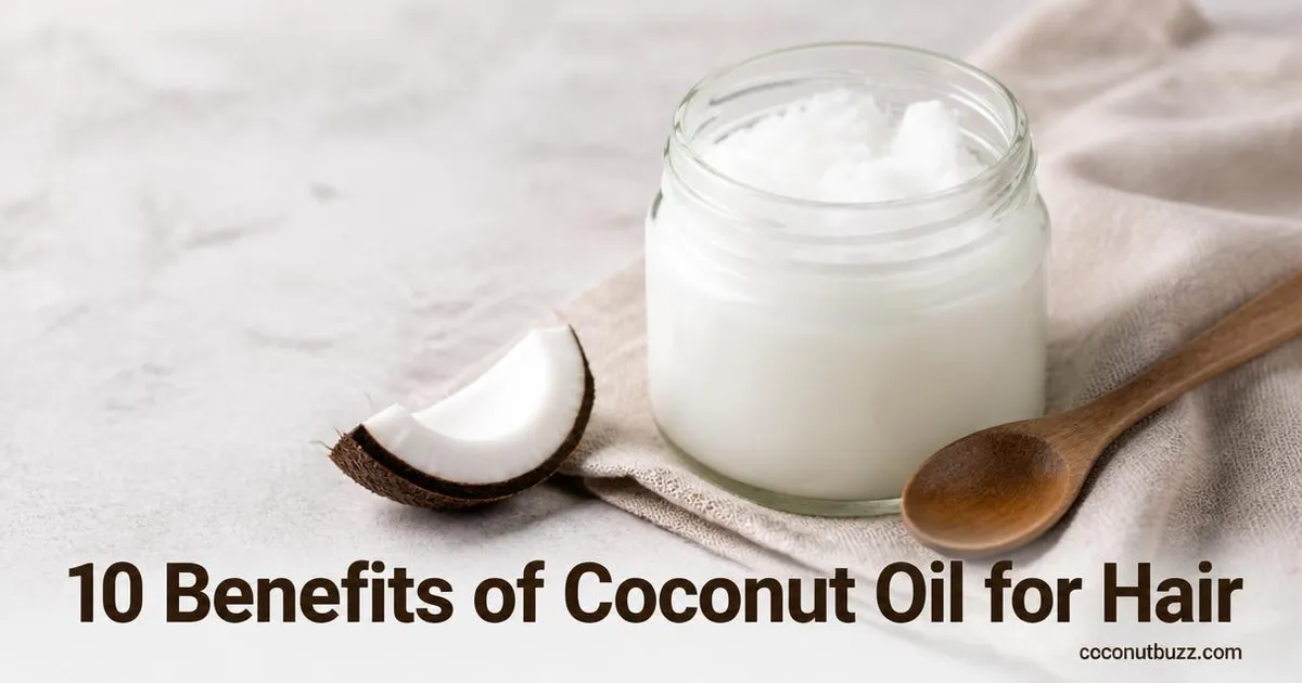 Clear glass jar of solid coconut oil with wooden spoon and piece of coconut shell on neutral background with linen napkin