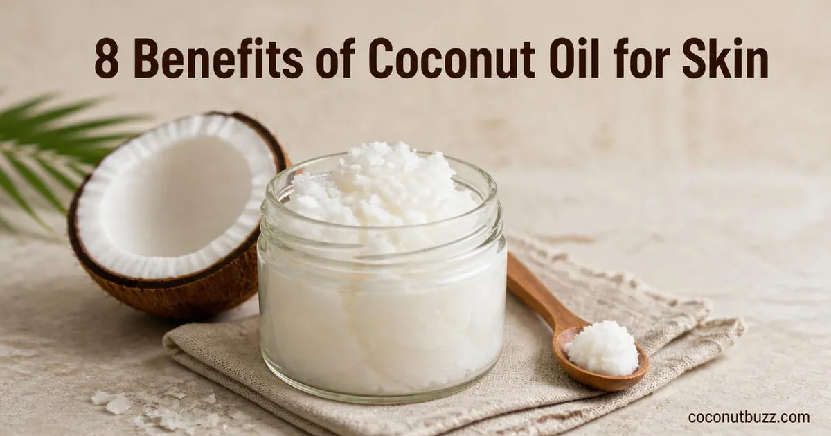 glass jar of solid coconut oil with wooden spoon and halved coconut shell on neutral background with linen napkin and coconut flakes