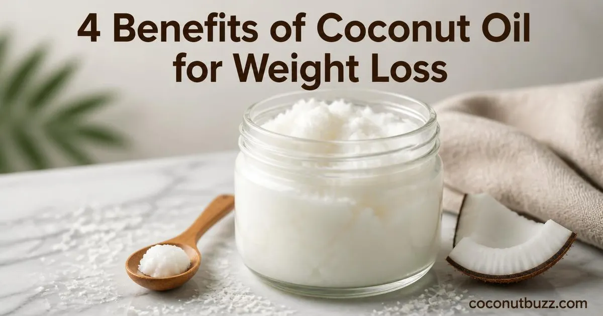 Glass jar of solid white coconut oil with wooden spoon and piece of coconut shell on light marble background with text overlay