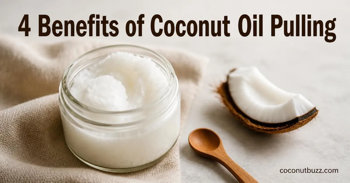 Glass jar of solid white coconut oil with wooden spoon and a piece of coconut shell on a neutral blurred background