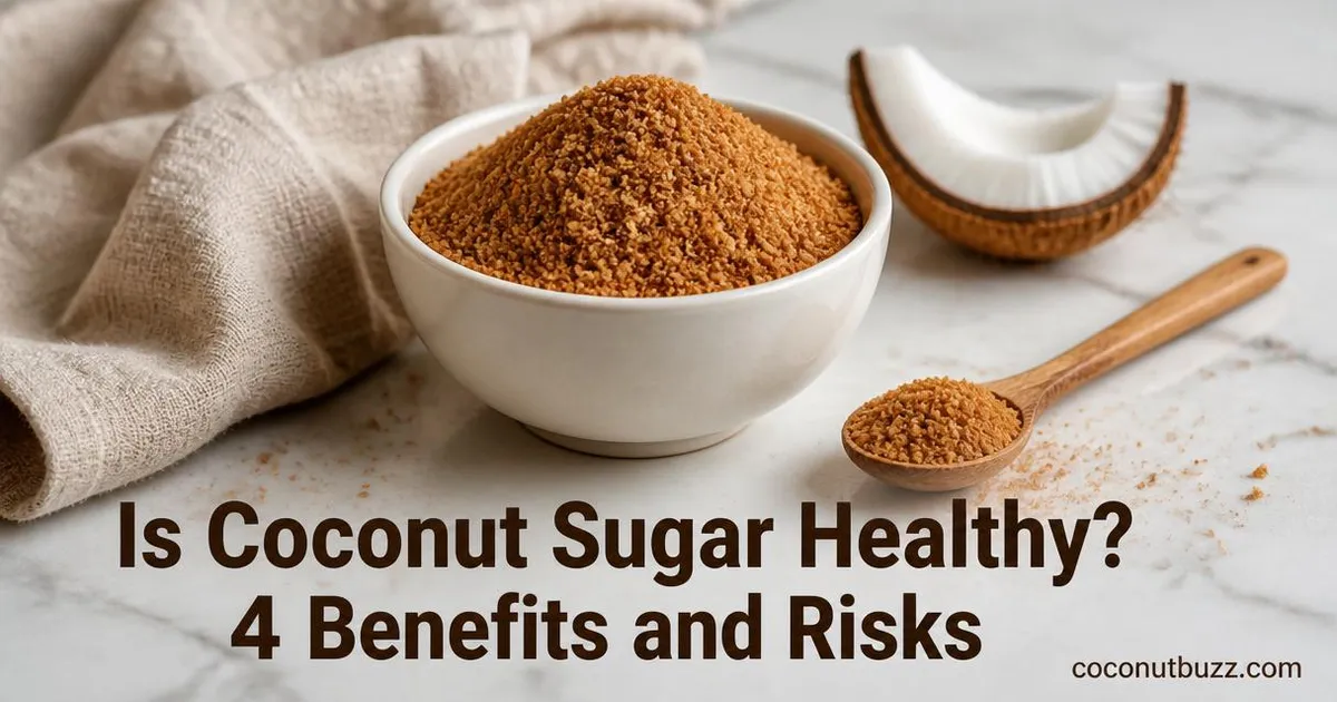 bowl of coconut sugar with wooden spoon and piece of coconut shell on light marble background with linen napkin