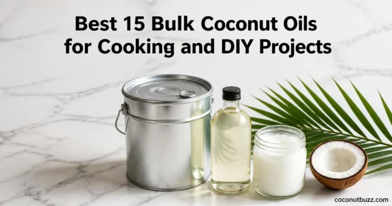 bulk coconut oil containers: 35lb bucket, 32oz fractionated bottle and cold-pressed jar with halved coconut and palm leaf on light marble