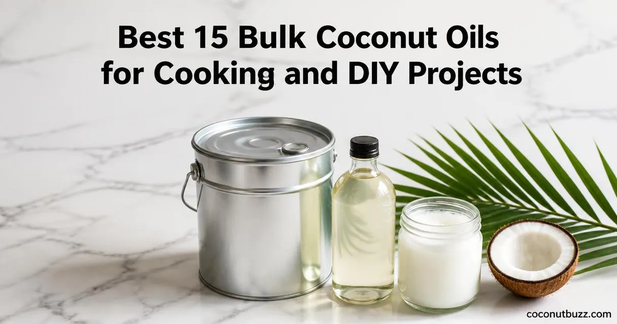 bulk coconut oil containers: 35lb bucket, 32oz fractionated bottle and cold-pressed jar with halved coconut and palm leaf on light marble