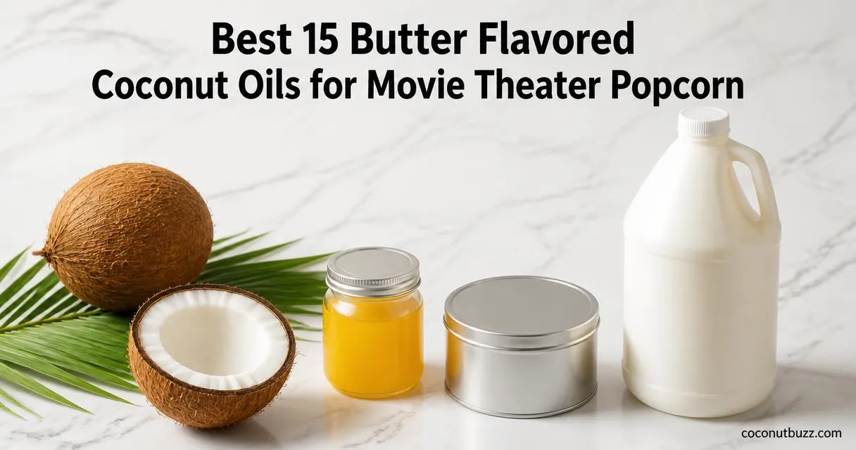 butter flavored coconut oil: three unlabeled vessels (jar, theater tin, gallon) with halved coconut and palm leaf on marble
