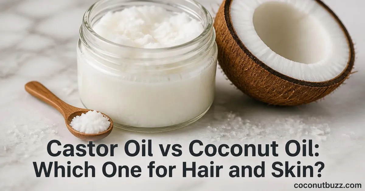 Clear glass jar of solid coconut oil with wooden spoon and half coconut shell on light marble background with title text overlay