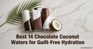 Chocolate coconut water cans: three unlabeled slim cans on light marble with halved coconut and palm leaf