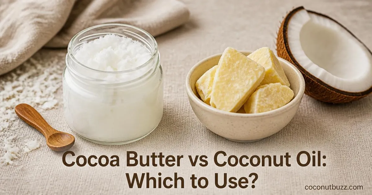 Glass jar of solid coconut oil and bowl of creamy cocoa butter with coconut shell piece on natural linen background