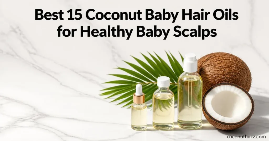 coconut baby hair oil bottles arranged flatlay: three unlabeled bottles with halved coconut and palm leaf on light marble