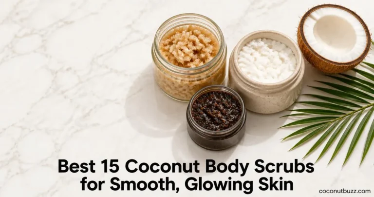 coconut body scrub: white coconut salt scrub, golden sugar scrub and dark coffee scrub with halved coconut and palm leaf on marble
