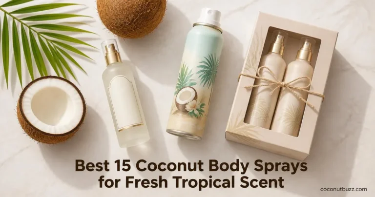 Coconut body spray trio on light marble: frosted spray bottle, aluminum tropical can, boxed two-pack with halved coconut and palm leaf