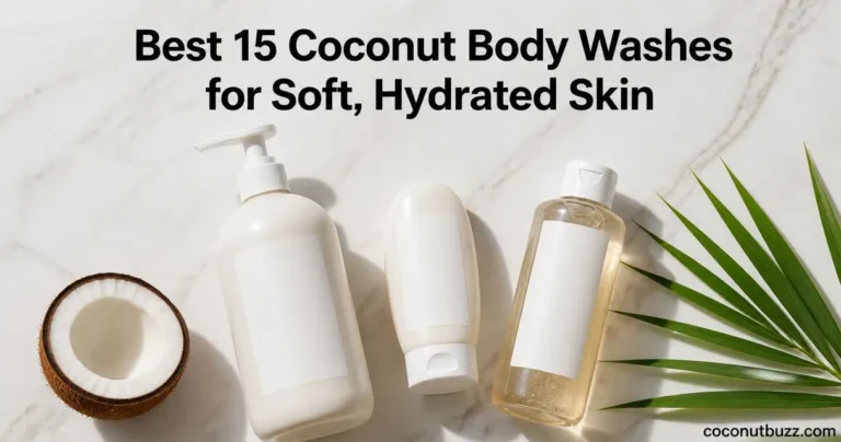 coconut body wash bottles (pump, squeeze, tall) flatlay on light marble with halved coconut and palm leaf