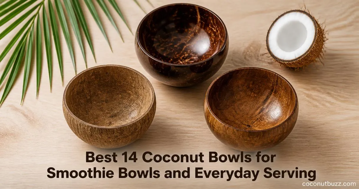 coconut bowls: three styles (polished, natural Vietnamese, oil‑polished) flatlaid on light wood with a halved coconut and palm leaf