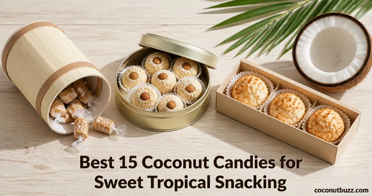 Coconut candies in three unbranded packages (tin, barrel box, toasted pack) with halved coconut and palm leaf on light wood.