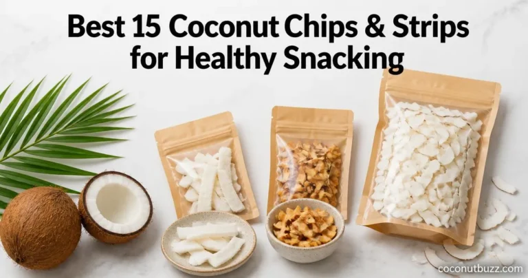 Coconut chips & strips: three unlabeled bags with bowls of toasted chips and chewy strips, halved coconut