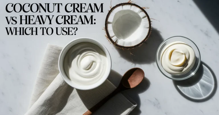 Side by side bowls of coconut cream with coconut shell piece and heavy cream on light marble surface with wooden spoon