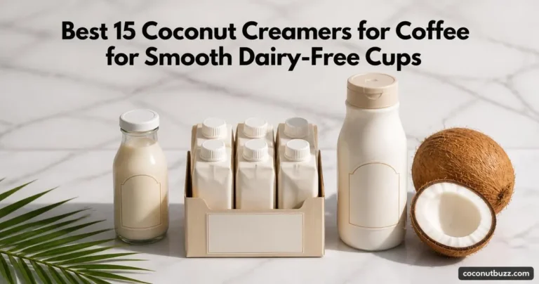 Coconut creamer for coffee — two glass bottles and a six-pack carton with halved coconut and palm leaf on light marble.