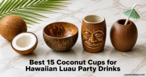 coconut cups: coconut shell cup, ceramic tiki mug and plastic cup with umbrella on light marble with halved coconut and palm leaf