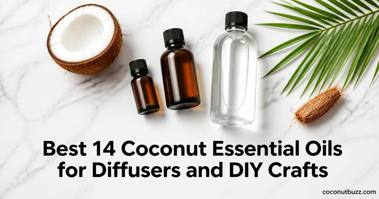 coconut essential oil bottles (10ml, 30ml, 16oz) arranged with a halved coconut and palm leaf on a light marble surface