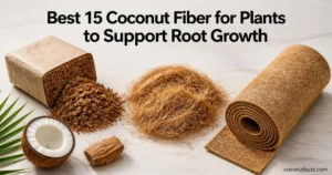 coconut fiber for plants: compressed coir brick, loose coconut husk and coir liner sheet with halved coconut on light wood
