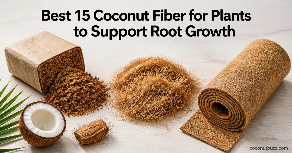 coconut fiber for plants: compressed coir brick, loose coconut husk and coir liner sheet with halved coconut on light wood