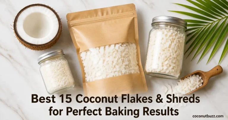 Coconut flakes & shreds in three containers (glass jar, kraft bag, medium jar) with halved coconut, wooden scoop, palm leaf on light marble
