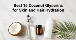 coconut glycerin bottles and jar with halved coconut and palm leaf on light marble flatlay