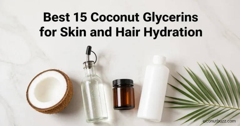 coconut glycerin bottles and jar with halved coconut and palm leaf on light marble flatlay