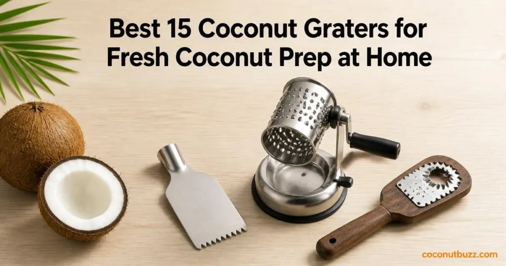 coconut graters: stainless steel scraper blade, vacuum-base rotating grater and wooden handheld grater with halved coconut, whole coconut and palm leaf on light wood surface
