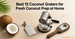 coconut graters: stainless steel scraper blade, vacuum-base rotating grater and wooden handheld grater with halved coconut, whole coconut and palm leaf on light wood surface