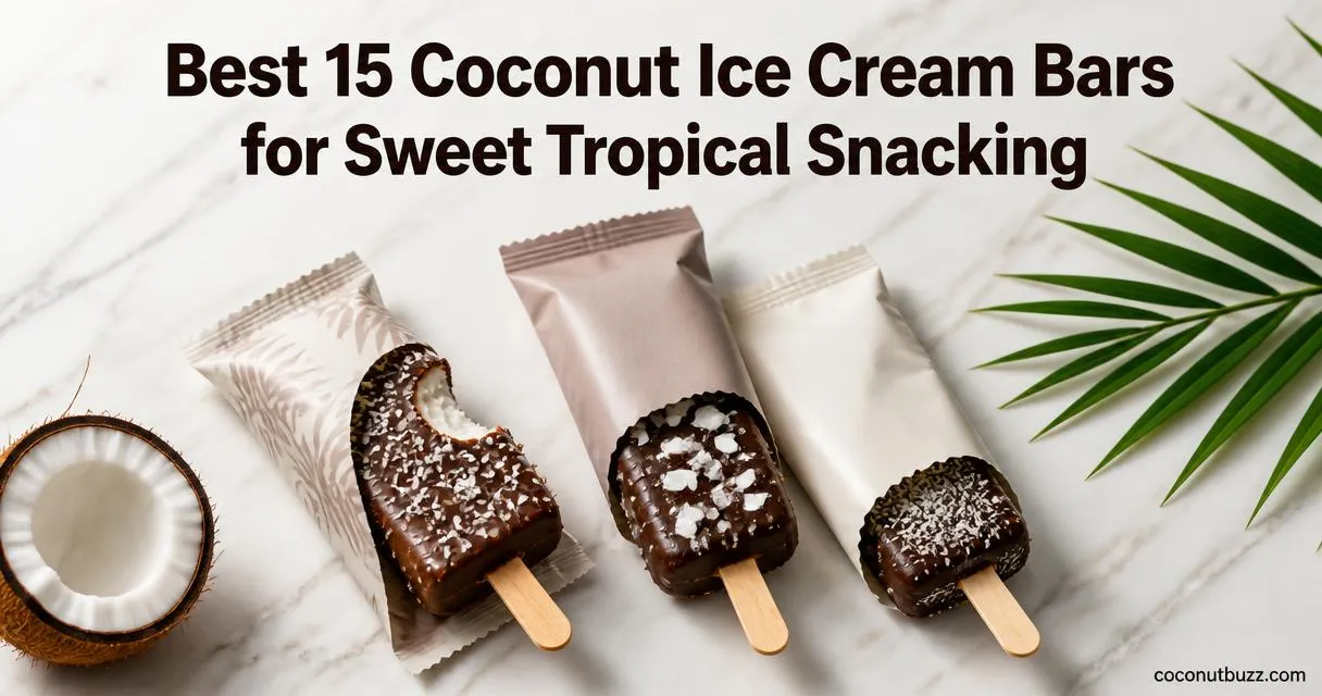 Coconut ice cream bars: three chocolate-coated bars, partly unwrapped, with halved coconut and palm leaf on light marble