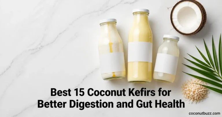 coconut kefir bottles and a creamy coconut water bottle arranged on marble with a halved coconut and palm leaf