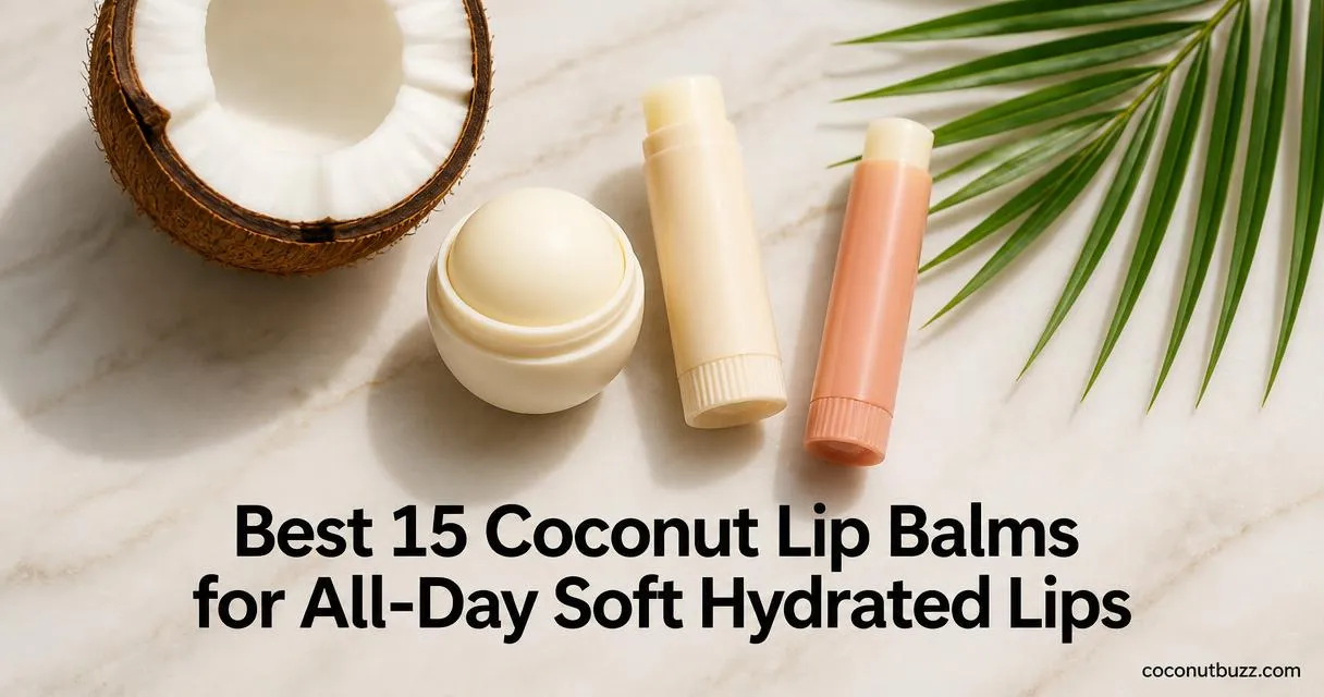 coconut lip balm trio with a round sphere balm, twist-up tube and slim stick beside a halved coconut and palm leaf on light marble