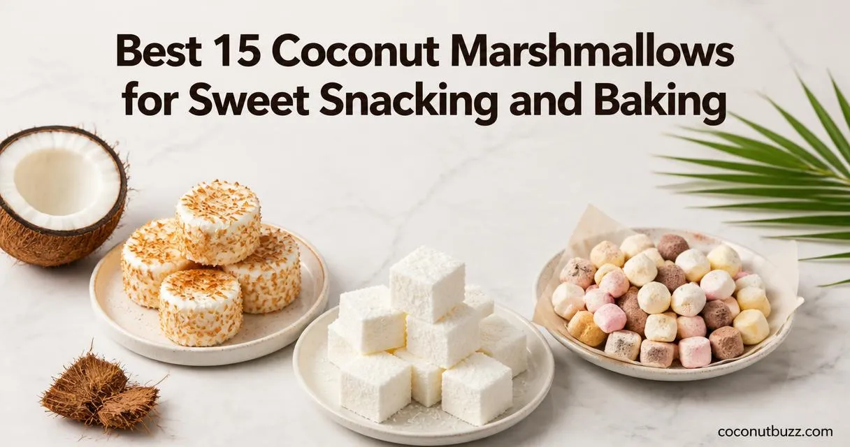 Coconut marshmallows: three unbranded varieties—toasted rounds, vanilla cubes, vegan mini puffs—flatlay on light marble with halved coconut and palm leaf