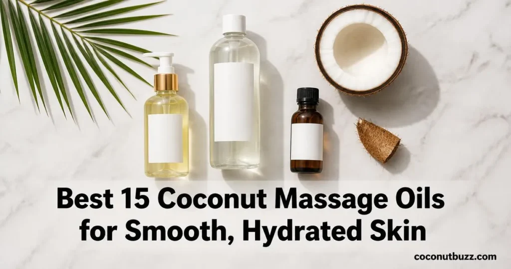 coconut massage oil trio: three unlabeled bottles (pump, tall, amber) with halved coconut and palm leaf on light marble