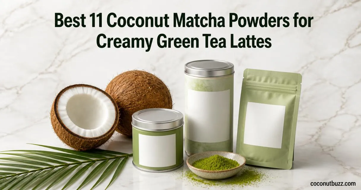 Coconut matcha powder tins and pouches arranged flatlay with a halved coconut and palm leaf on light marble surface