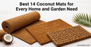 coconut mats: three coir pieces (large roll, 17x30 doormat, 1-inch woven scraper) flatlay with halved coconut & palm leaf on light wood
