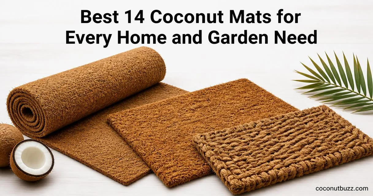 coconut mats: three coir pieces (large roll, 17x30 doormat, 1-inch woven scraper) flatlay with halved coconut & palm leaf on light wood