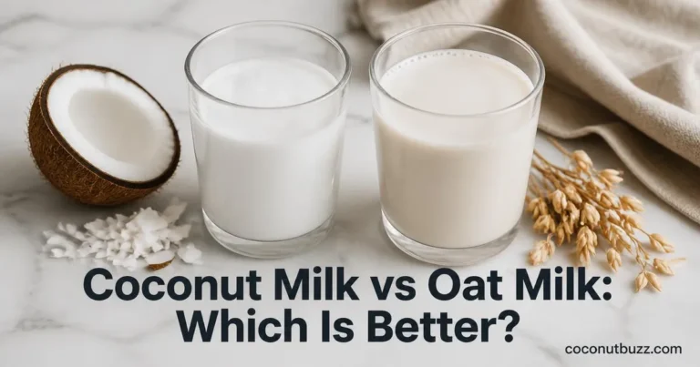Side-by-side glasses of creamy coconut milk with halved coconut and oat milk with oat stalks on marble surface