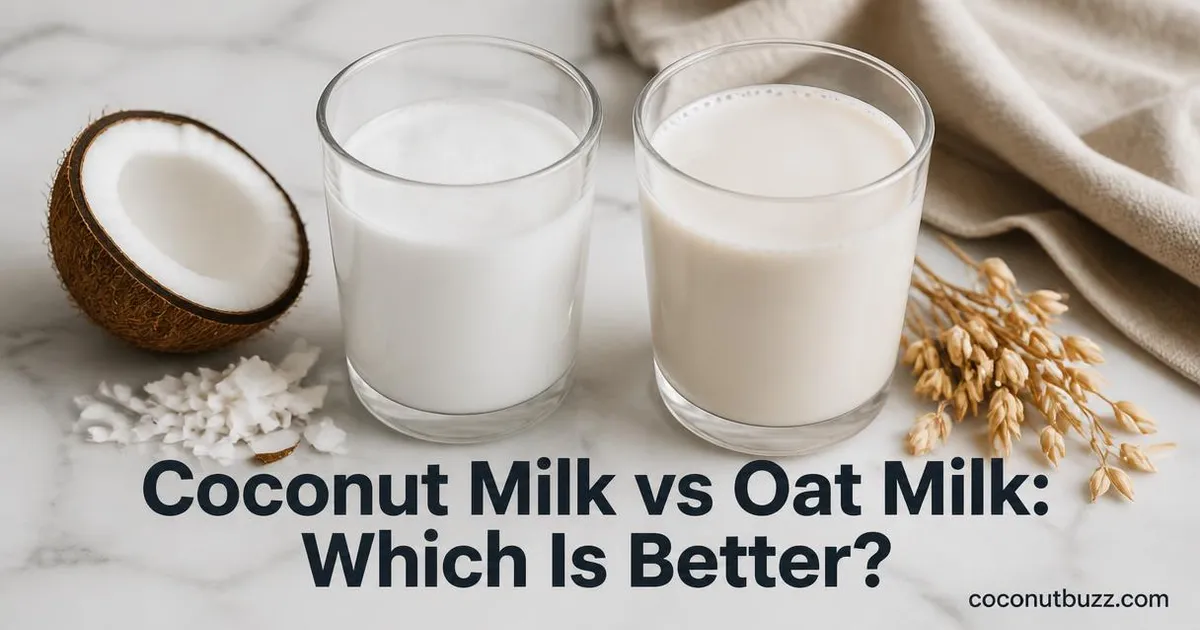 Side-by-side glasses of creamy coconut milk with halved coconut and oat milk with oat stalks on marble surface