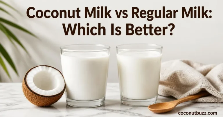 Glass of coconut milk with halved coconut piece beside a glass of regular milk on light marble surface with linen napkin and wooden spoon