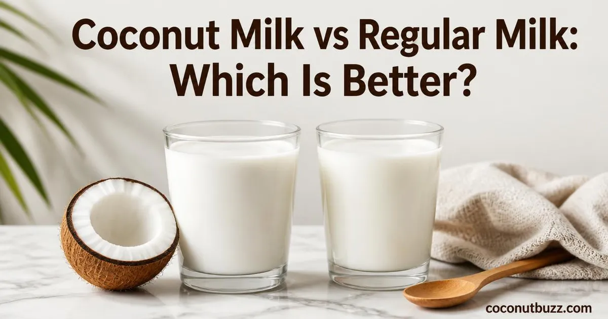 Glass of coconut milk with halved coconut piece beside a glass of regular milk on light marble surface with linen napkin and wooden spoon