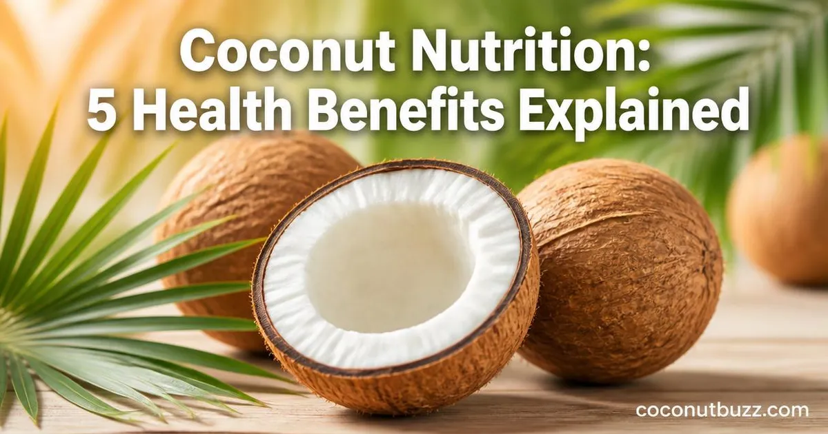 Halved mature coconut with white flesh and palm leaves on a light wooden surface under natural daylight