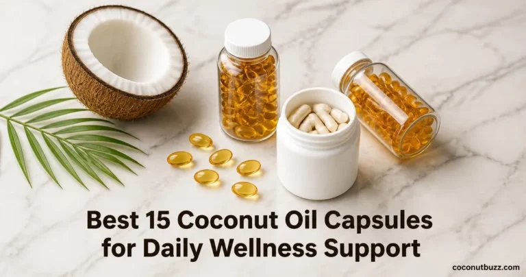Coconut oil capsules: three unlabeled bottles and scattered softgels with halved coconut and palm leaf on light marble surface