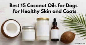 coconut oil for dogs: three unlabeled pet oil jars and an amber dropper bottle with halved coconut and palm leaf on light wood