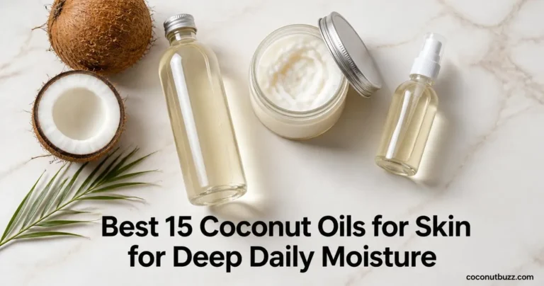 coconut oil for skin: three unlabeled oil containers (clear bottle, jar, spray) with halved coconut and palm leaf on marble