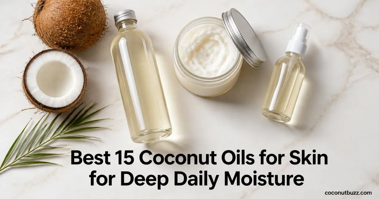 coconut oil for skin: three unlabeled oil containers (clear bottle, jar, spray) with halved coconut and palm leaf on marble