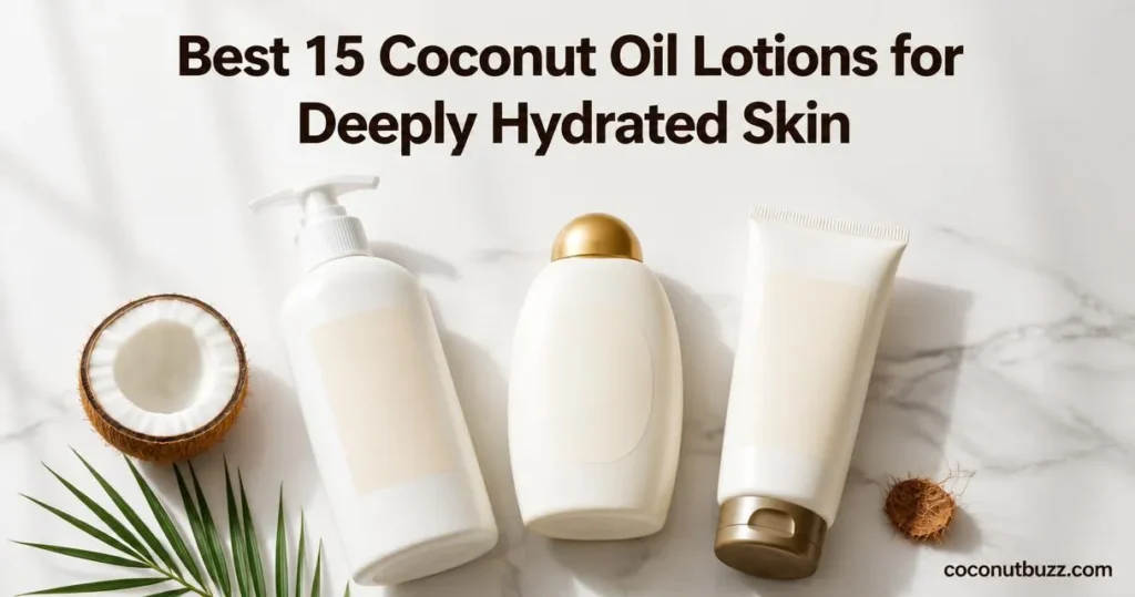 Coconut oil lotions: three unbranded lotion bottles on light marble, halved coconut and palm leaf arranged in flatlay