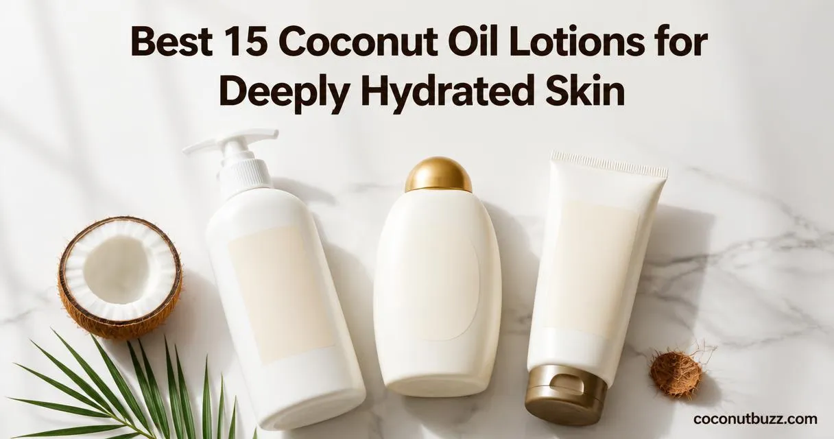 Coconut oil lotions: three unbranded lotion bottles on light marble, halved coconut and palm leaf arranged in flatlay