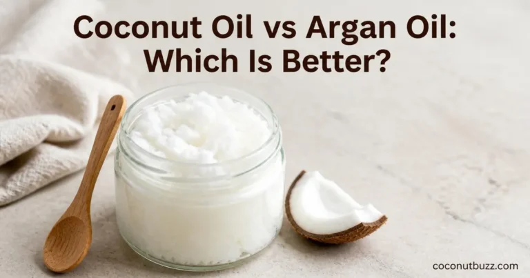 Glass jar of solid white coconut oil with wooden spoon and coconut shell piece on a neutral background with title text overlay