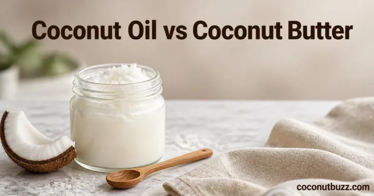 Glass jar of solid white coconut oil with wooden spoon and coconut shell piece on light marble surface with text overlay